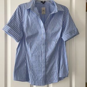 Ann Taylor collared cotton short sleeve shirt. Blue with white stripes. Business